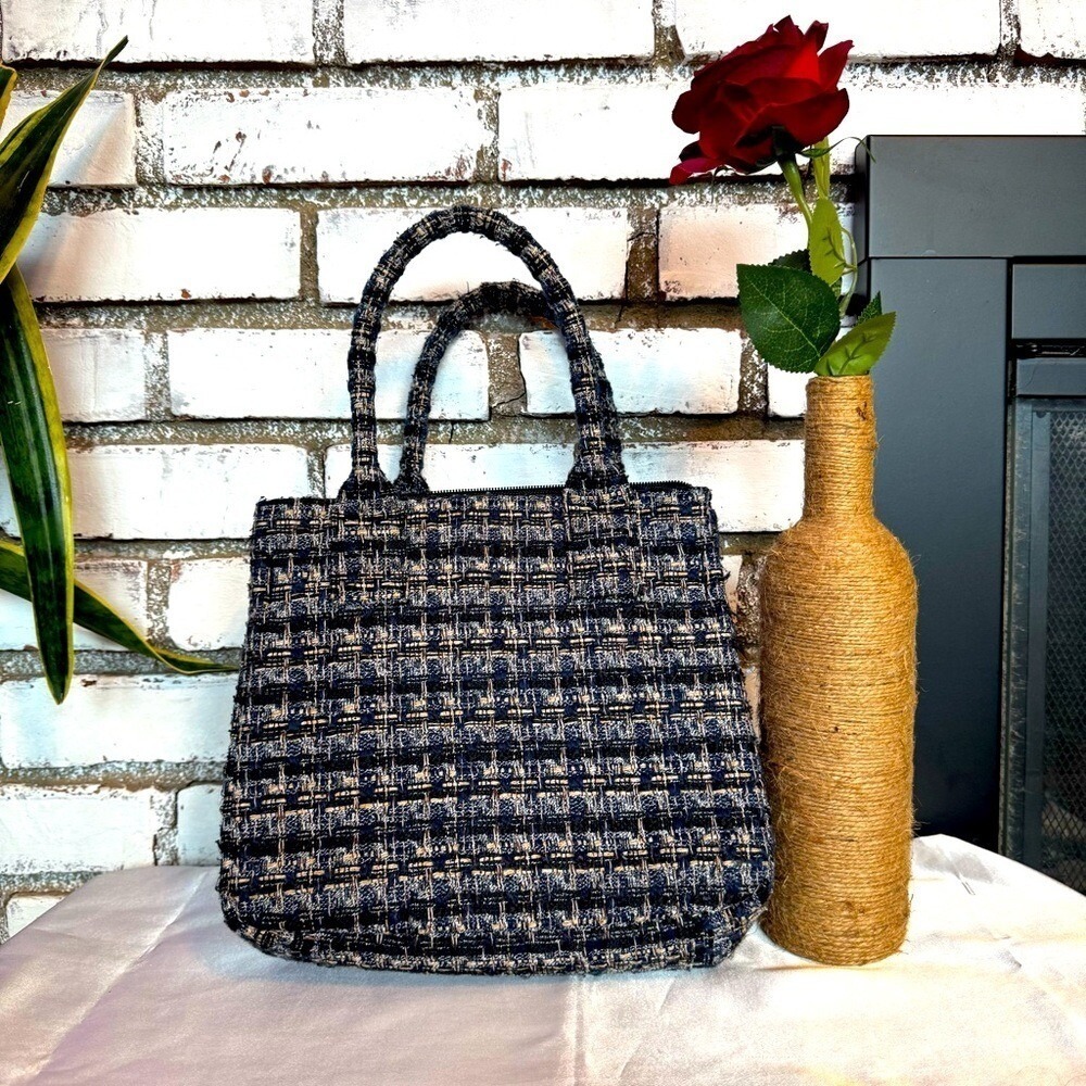 J.Crew Tweed Blue Black Structured Mini Tote Bag Handbag Purse Preppy Coquette